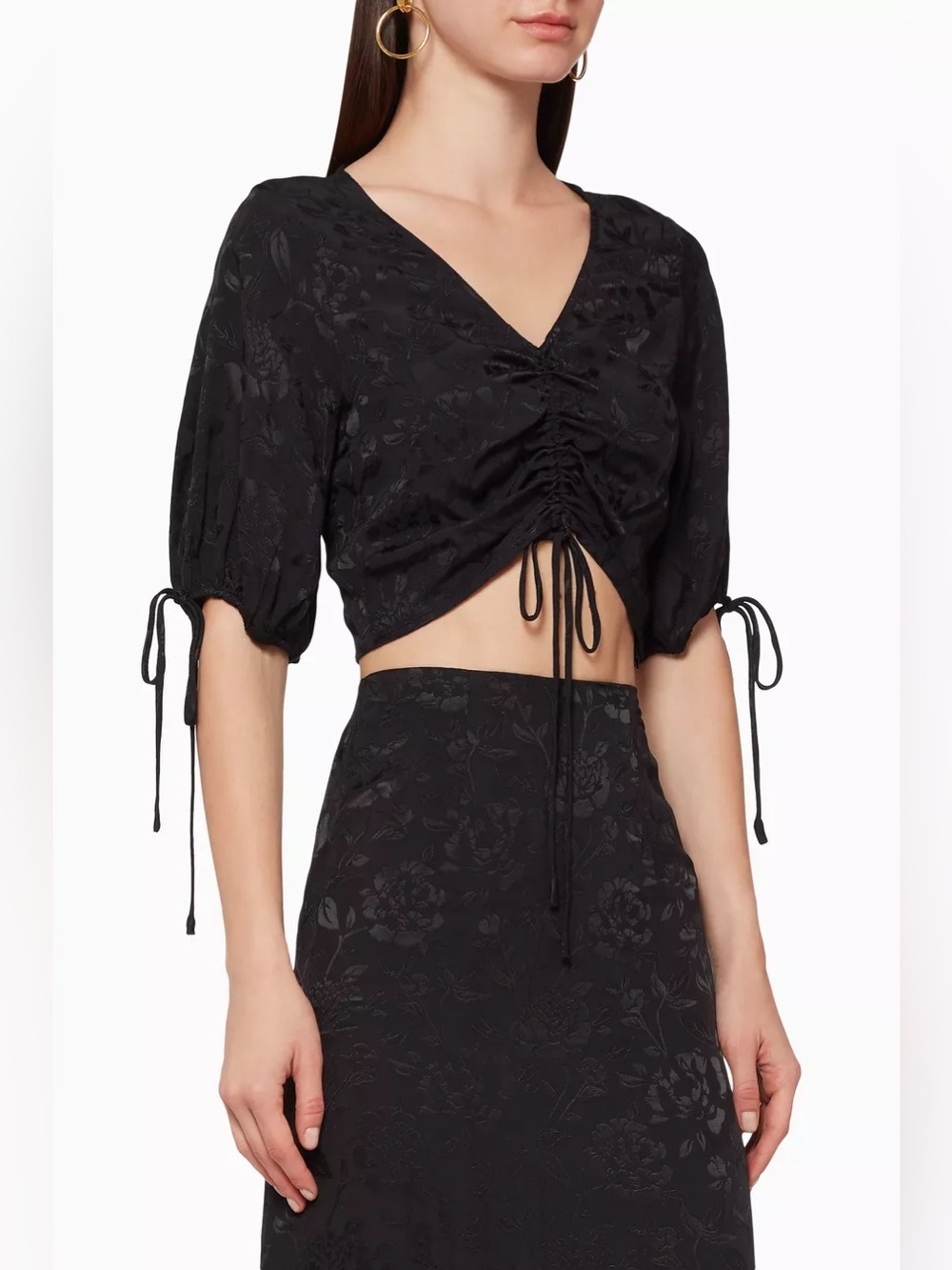 STAUD Floral Jacquard Ruched Top in Black - XS